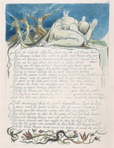 „Over the hills...”, 18. tábla az „Amerika: Próféta” című könyvből, 1793 (domborműves rézkarc kék színnel, tollal, tintával és WC-vel) alkotó: William Blake